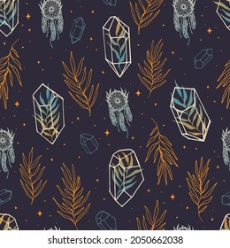 Seamless pattern with crystals of stones, inside which there are drawings herbs. Trendy texture for print, textile, packaging.