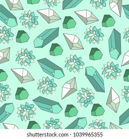 Seamless pattern with crystals, stones, succulents of bright saturated green, salad, turquoise shades
