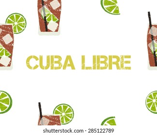 Seamless Pattern of Cuba Libre cocktail with lime and sign. White background. Vector illustration.