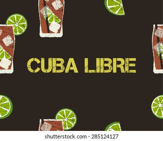 Seamless Pattern of Cuba Libre cocktail with lime and sign. Dark background. Vector illustration.