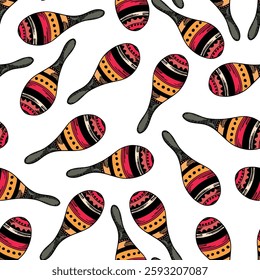 Seamless pattern with Cuban or Mexican maracas. Musical instrument. Wild West, Mexico concept. Vector drawing background for textile, wallpaper, packaging, fabric.