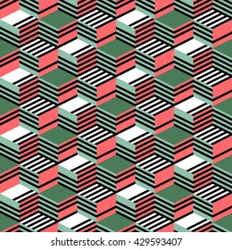 Seamless pattern with cube. Background of geometric shapes. Colorful mosaic pattern. Black isometric lines. Simple three-dimensional ornament. Abstract graphic structure. Textile print with rhombus.