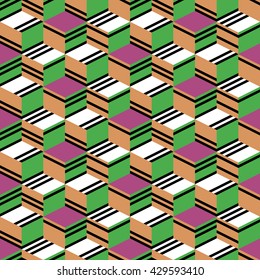 Seamless pattern with cube. Background of geometric shapes. Colorful mosaic pattern. Black isometric lines. Simple three-dimensional ornament. Abstract graphic structure. Textile print with rhombus.