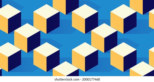 Seamless pattern with cube or box shape on blue background in modern dotted texture style