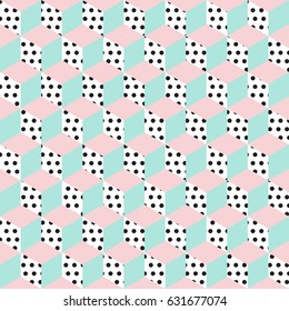 Seamless pattern of cubes and squares-vector illustration. Pale pink color and mint green. Memphis seamless pattern 80s-90s-vector illustration.