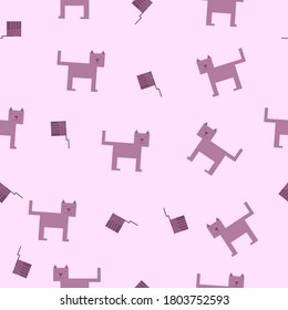 seamless pattern of cubic cat and square ball of wool