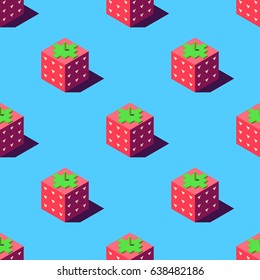 Seamless pattern of cubic strawberries on light blue background. Retro design concept, Clipping mask used.