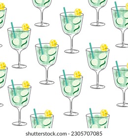 Seamless pattern with cucumber cocktail. Glass of alcoholic drink with ice cubes, lemon, gin, cucumber on white background