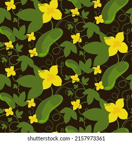 Seamless pattern with cucumber, flowers and leaves on a dark background. Flat illustration for seed package design