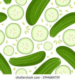 Seamless pattern with cucumber. Fresh farm vegetables backdrop. Ingredients for cooking. Flat design style for menu, cafe, restaurant digital paper, wallpaper, fabric, poster, promotional material