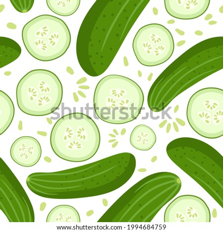 Seamless pattern with cucumber. Fresh farm vegetables backdrop. Ingredients for cooking. Flat design style for menu, cafe, restaurant digital paper, wallpaper, fabric, poster, promotional material