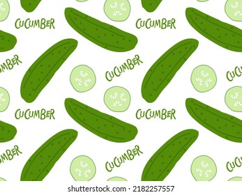 Seamless pattern with Cucumber hand drawn doodle. Summer illustration vegan ingredient. Vegetable natural product. Repeated background for wallpaper, wrapping, packing, textile. Fresh farm vegetables.