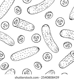 Seamless pattern with cucumber. Hand drawn vector illustration.