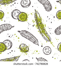 Seamless pattern with cucumber. Ink hand drawn vector illustration with watercolor splash. Can be used for wrapping paper, street festival, farmers market, country fair, shop, menu, cafe, restaurant.