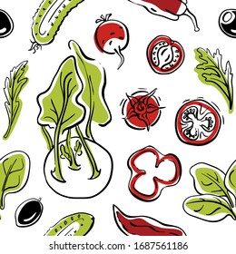Seamless pattern with cucumber, kohlrabi, tomatoes, spinach, radish, pepper. Colorful sketch of healthy vegetables and herbs isolated on white background. Doodle hand drawn vector illustration