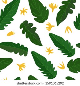 Seamless pattern with cucumber leaves and flowers. Vegetable wallpaper. Design for fabric, textile print, wrapping paper, textile, restaurant menu. Vector illustration