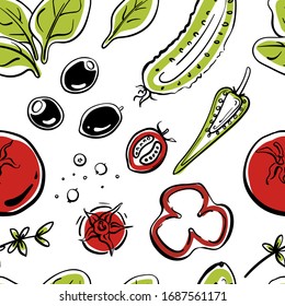 Seamless pattern with cucumber, olives, tomatoes, spinach, radish, pepper Colorful sketch of healthy vegetables and herbs isolated on white background. Doodle hand drawn vector illustration