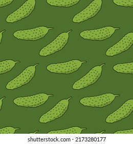 Patrón sin foco con pepino sobre fondo verde. Imagen vectorial.