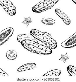 Seamless pattern with cucumber, slice, flower. Vegetable hand drawn background. Black and white vector wallpaper