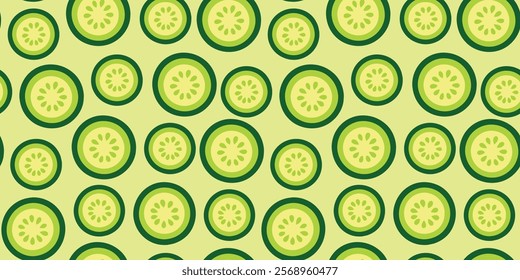 Seamless Pattern of Cucumber Slices on Green Background