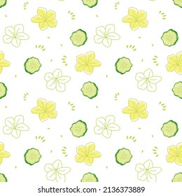 Seamless pattern of cucumber slices and yellow flowers. Cute summer print. Vector flower illustration on a white background for decor, wrapping paper
