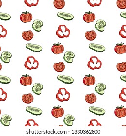 Seamless pattern with cucumber, tomato and bell pepper slices. Template with sliced fresh vegetables on white  background for your design