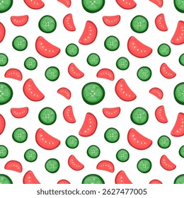 Seamless pattern with cucumber and tomato slices. On a white background. In a hand-drawn style. Fresh vegetables background. 