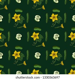 Seamless pattern with cucumbers, cucumber slices and flowers. Template with fresh vegetables on dark green background for your design