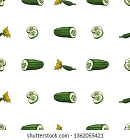 Seamless pattern with cucumbers, cucumber slices and flowers. Endless texture with fresh vegetables on white background for your design