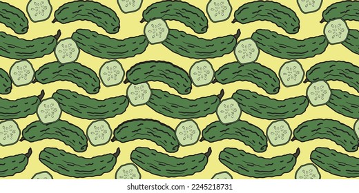 Seamless pattern of cucumbers and cucumber slices. Vector