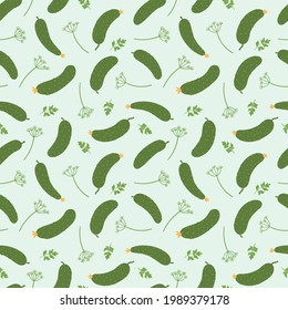 Seamless pattern with cucumbers and dill inflorescences. Vector background in simple flat style.