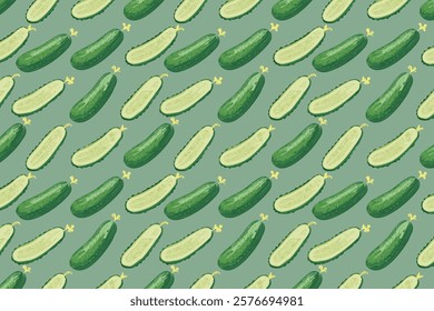 Seamless pattern with cucumbers on green background. Vector illustration.