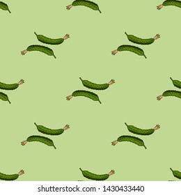 Seamless pattern with cucumbers on light green background for fabric, textile, clothes, tablecloth and other things. Vector image. 