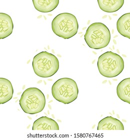 Seamless pattern with cucumbers on a white background. A slice of green cucumber. Banner, poster, wallpaper, print, promotional material. Vector illustration.