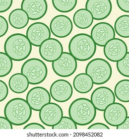 Seamless pattern with cucumbers. A slice of green cucumber. Banner, poster, wallpaper, print, promotional material. Vector illustration.