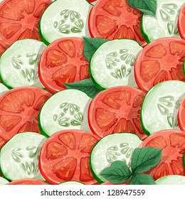 Seamless pattern of cucumbers and tomatoes with herbs