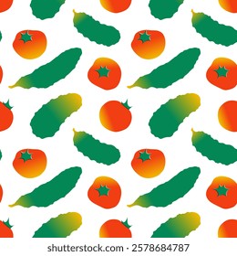 Seamless pattern with cucumbers and tomatoes. Vegetables. Repeating print