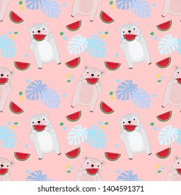 Seamless pattern with cuet bear eating water melon.
