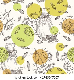 Seamless pattern with cumin and bottle of cumin essential oil. Cosmetic, perfumery and medical plant. Vector hand drawn illustration