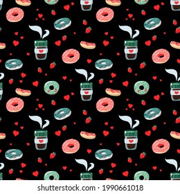 Seamless pattern with a cup of aromatic coffee and donuts. Vector illustration in cartoon style on a black background. A repeating pattern for your design. Strawberries and hearts.