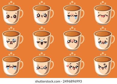 Seamless Pattern Cup Character Cartoon Cute. Fragrant Coffee Mug Kawaii. Collection of Design Elements. Vector Drawing for Wrapping, Paper Fabric Textiles Illustration