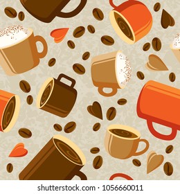 Seamless pattern with cup of coffee and beans on light background. Cups of coffee, beans and hearts. Vector illustration. Eps 10.