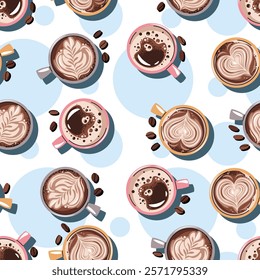 Seamless pattern with a cup of coffee and coffee beans. Repeating texture with hot coffee beverage for fabric, wallpaper, paper, etc.