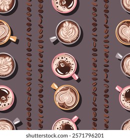 Seamless pattern with a cup of coffee and coffee beans. Repeating texture with hot coffee beverage for fabric, wallpaper, paper, etc.