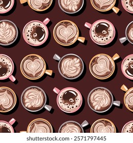 Seamless pattern with a cup of coffee and coffee beans. Repeating texture with hot coffee beverage for fabric, wallpaper, paper, etc.