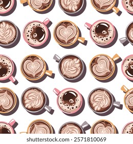 Seamless pattern with a cup of coffee and coffee beans. Repeating texture with hot coffee beverage for fabric, wallpaper, paper, etc.
