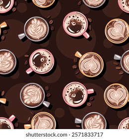 Seamless pattern with a cup of coffee and coffee beans. Repeating texture with hot coffee beverage for fabric, wallpaper, paper, etc.