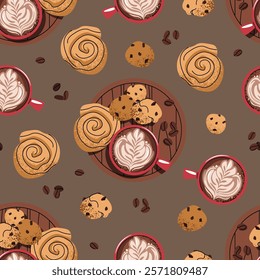 Seamless pattern with a cup of coffee and a bun. Repeating texture with a coffee drink and dessert. Perfect breakfast. Suitable for textiles, wallpaper, paper, etc.