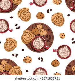 Seamless pattern with a cup of coffee and a bun. Repeating texture with a coffee drink and dessert. Perfect breakfast. Suitable for textiles, wallpaper, paper, etc.