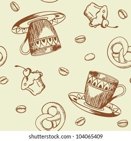 Seamless pattern with cup of coffee and cake